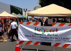 A farmers market with multiple stalls under tents, and a sign reading "Hollywood Farmers Market, Open Every Sunday, 8 a.m. - 1 p.m." Ends the sentence.