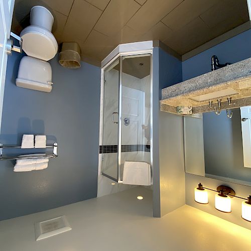 A modern bathroom that has a toilet, a shower, a sink with a mirror, and some towel racks on the wall. The style is contemporary and clean.