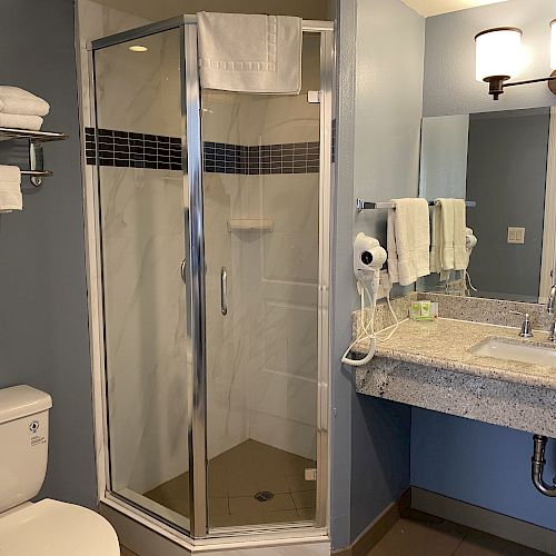 The image shows a bathroom with a glass shower, toilet, sink, mirror, towels, and wall-mounted lights.