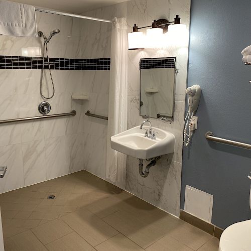 This is an accessible bathroom with a shower, sink, toilet, grab bars, and towel racks. A mirror and hairdryer are mounted near the sink.