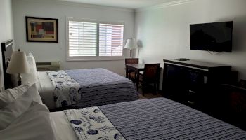 A hotel room with two beds, a TV on the wall, a desk, chair, and a window with blinds. A colorful painting hangs on the wall.