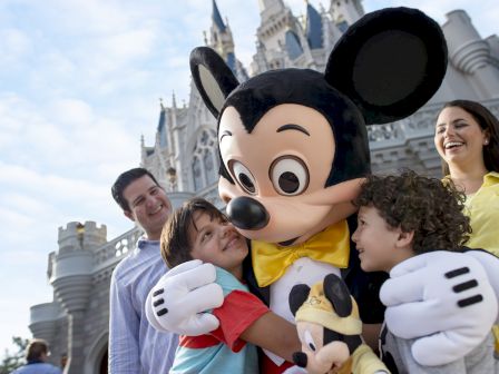 A person in a Mickey Mouse costume hugging two children, with two adults smiling next to them in front of a castle.